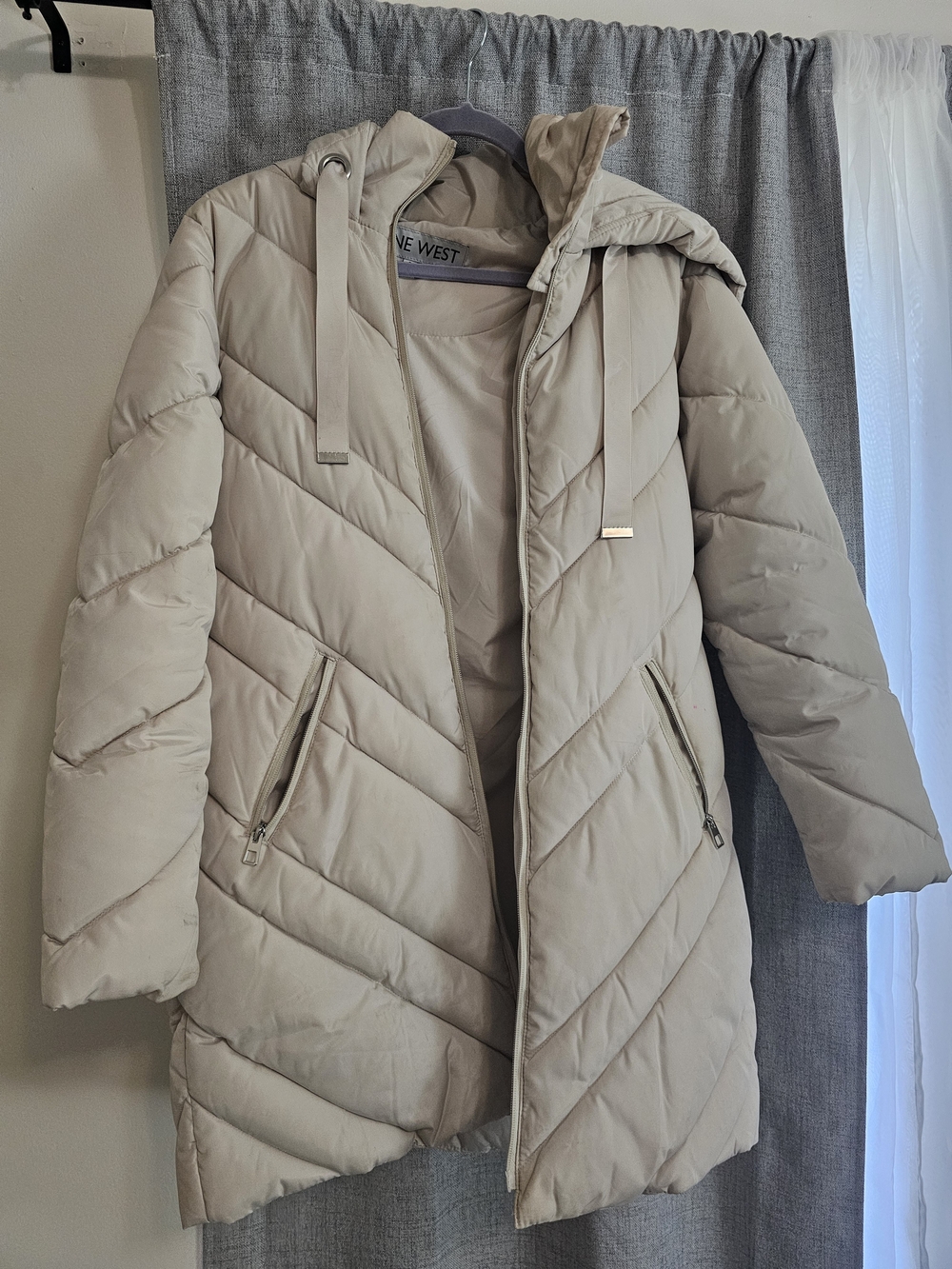 Nine West Beige Hooded Quilted Puffer Coat